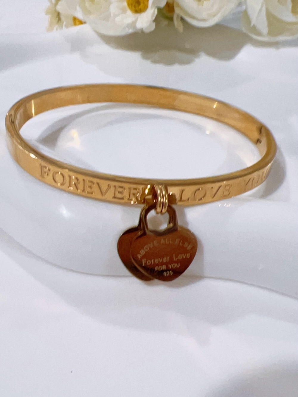 Forever Love Gold Heart Charm Bangle Bracelet